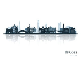 Fototapeta premium Bruges skyline silhouette with reflection. Landscape Bruges, Belgium. Vector illustration.