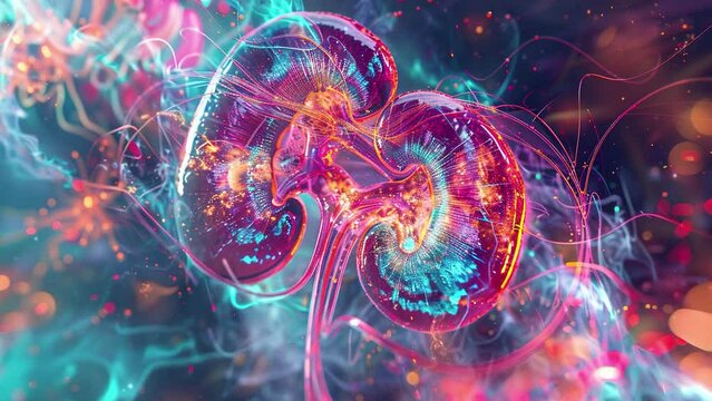 Human kidney futuristic. 3D illustration of human kidneys. Science and Medical technology. Kidney anatomy. Kidney cross section. Kidney hologram. Kidney disease. 4K Videos