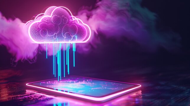 neon light showing cloud computing on tablet computer. neon light showing cloud computing on tablet computer.