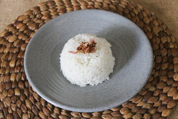 One portion of rice topped with fried onions
