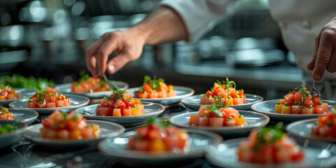 A chef garnishes gourmet dishes in a dimly lit kitchen, highlighting the artistry and precision of fine dining generatrive ai