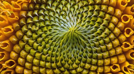 A close-up view of a sunflower's center showcases its unique spiral pattern.