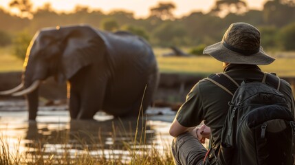 Fototapeta premium A photographer sits and observes a large elephant in the distance during a peaceful sunset by a water body.