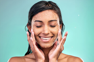 Woman face, beauty and salt scrub in studio with water drops for skin care, hygiene and...