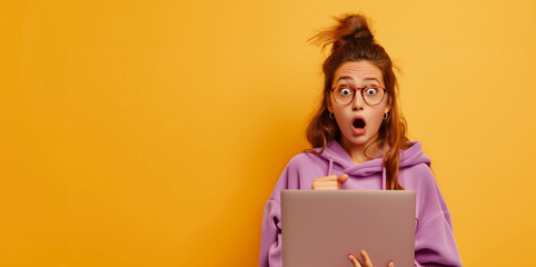 A woman with glasses is holding a laptop and looking surprised. portrait of pretty young girl hold...