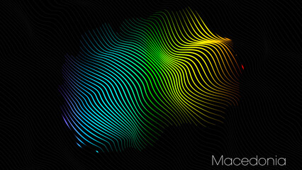 A map of Macedonia is presented in the form of colorful vertical lines against a dark background. The country's borders are depicted in the shape of a rainbow-colored diagram.