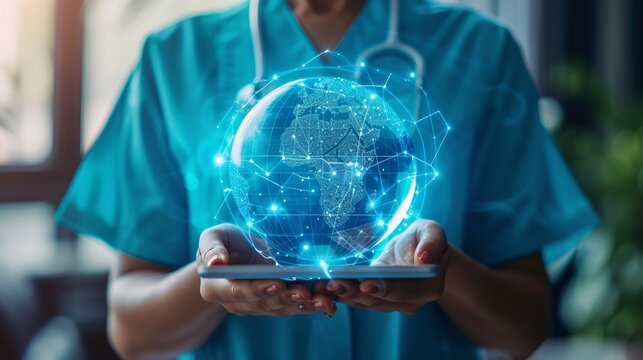 Nurse, hands or technology for 3d globe networking, healthcare community or digital help in life insurance support. Zoom, medical or futuristic world for global hospital, woman or doctor on tablet ux - Powered by Adobe