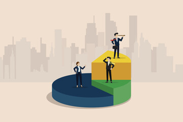 Business finance investment vision concept, business strategy for business success, business leader standing on graph looking at business success using telescope.