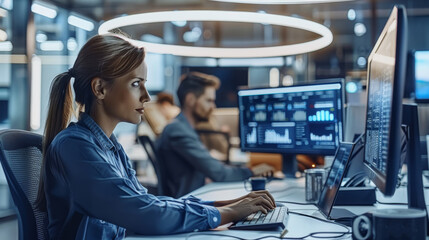 A professional, tech-savvy team working collaboratively in a modern office setup with high-end computers and smart screens, showcasing software development and IT. Generative AI.