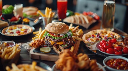 A delicious spread of fast food items including burgers, fries, pizza, and beverages on a wooden table in a restaurant setting.