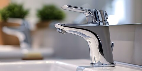 Closeup of a sleek chrome bathroom faucet for home remodeling and plumbing. Concept Bathroom Remodel, Plumbing, Chrome Fixtures, Sleek Design, Close-up Photography