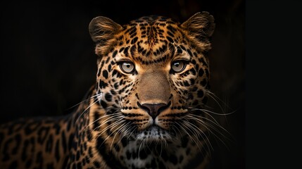 Obraz premium The intense stare of a vividly patterned leopard is captured against a stark black background, highlighting its wild beauty