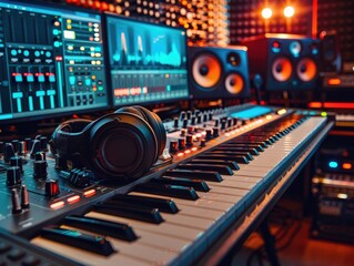 Mixing console, headphones, and keyboard