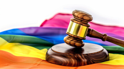 Wooden Gavel on Rainbow Flag Against White Background: Symbolizing LGBTQ+ Rights and Equality Under the Law