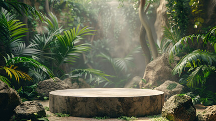 Minimalist podium in a tropical setting with stones and leaves, perfect for nature-inspired product advertising