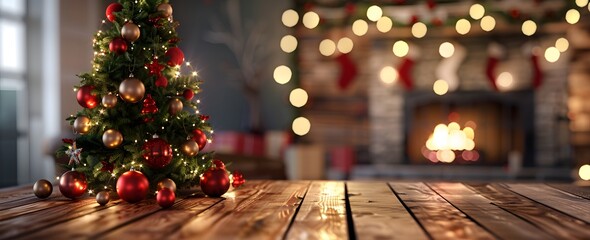 Christmas Tree with Red Ornaments and Bokeh Lights Indoors