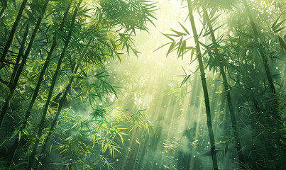 Peaceful bamboo grove with light filtering through the leaves, rendered in soft greens and earth tones , Generate AI