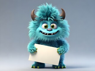 Cute blue furry monster 3D cartoon character cute furry monster green monster holding placard cartoon monster