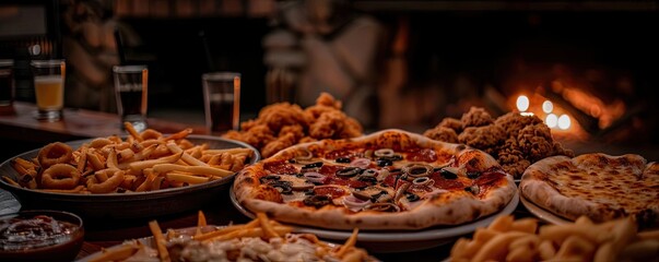 A cozy dining scene with various comfort foods including pizza, fries, and rings on a table near a...