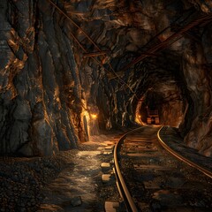 Naklejka premium Ancient Deserted Gold Mine. within a deserted gold mine that has ore cart tracks. Generative AI