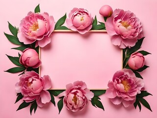 Frame made of beautiful peony flowers on pink background