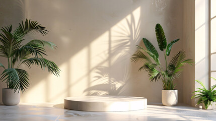 Fototapeta premium Minimalist stand with palm leaves and light play, ideal for beauty and cosmetic product displays