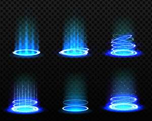 Level up effect. Realistic teleportation portal. Teleportation process game effect, futuristic lighting and bright wrap aura. Energy circles and rays on black background.
