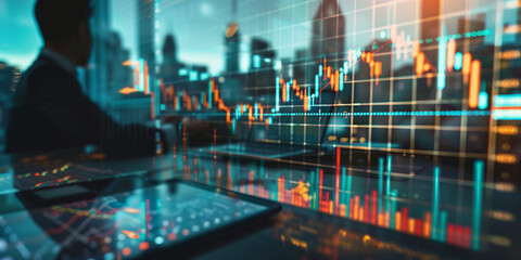 Fototapeta premium A man is sitting at a desk with a laptop and a tablet