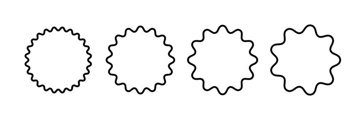 Line wave curve edge frame. Wavy scalloped circle borders. Doodle brush drawn round picture frame. Empty text box. Funky zigzag design element. Vector illustration isolated on white background.