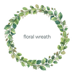 Floral wreath design with watercolor botany green leaves and branches. Circle card template with copy space