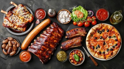 Delicious spread of barbecue ribs, sausage, pizza, vegetables, and sauces on a dark tabletop. Perfect for food lovers and culinary enthusiasts.