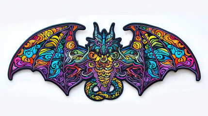 Fantasythemed patch mockup, vibrant colors, intricate designs, mythical creatures, detailed embroidery