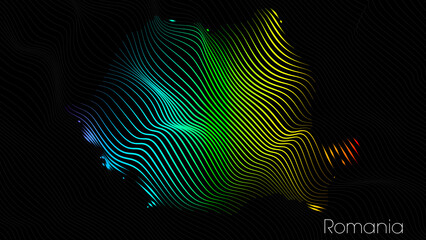 A map of Romania is presented in the form of colorful vertical lines against a dark background. The country's borders are depicted in the shape of a rainbow-colored diagram.