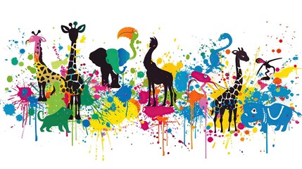 Painting of colorful animals characters in graffiti style with splashes of bright paint on a white background.