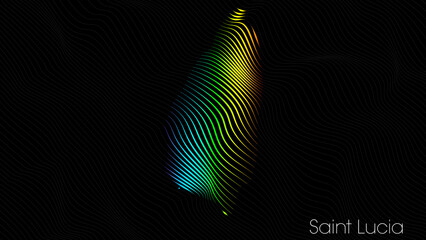 A map of Saint Lucia is presented in the form of colorful vertical lines against a dark background. The country's borders are depicted in the shape of a rainbow-colored diagram.