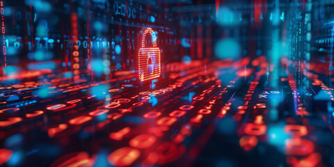 A red and blue image of a lock with a key on it