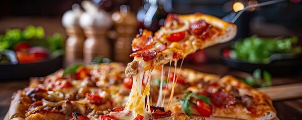 Delicious cheesy pizza slice lifted from a whole pizza with toppings of tomatoes, bacon, and basil, perfect for food lovers.