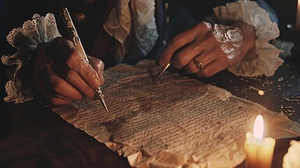 Capture the moment of a time traveler witnessing the signing of the Declaration of Independence in 1776, Close up