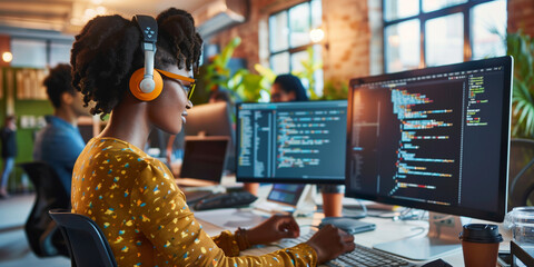 A woman wearing headphones and glasses is working on a computer