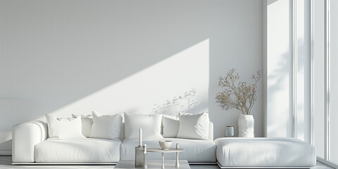 A white living room with a couch, a coffee table, and a vase