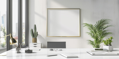 A white framed picture hangs on a wall in a room with a desk and a chair
