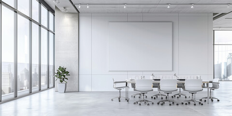 A large white board is on the wall of a conference room