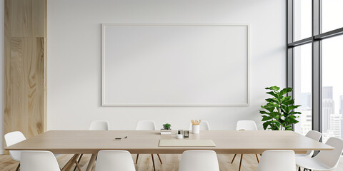 A large white board sits in the middle of a room with a long wooden table