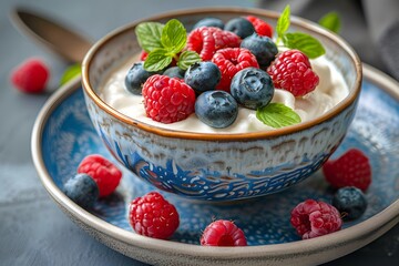 A bowl of yogurt with berries and mint leaves