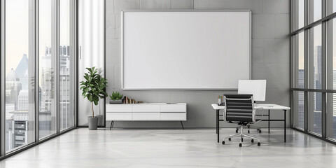 A large white board sits in the middle of a room with a black chair and a desk