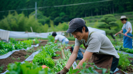 有機栽培野菜を生産する若い農家