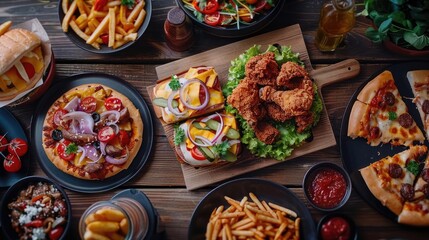 A variety of delicious fast food items including pizza, fries, salads, and sandwiches, arranged on a wooden table ready to be enjoyed.