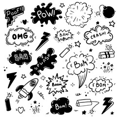 Comic cartoon line bomb explosion. Hand drawn cartoon explosion bomb effect, splash, exclamation smoke element. Explosion speech bubble with pow, boom, omg text.