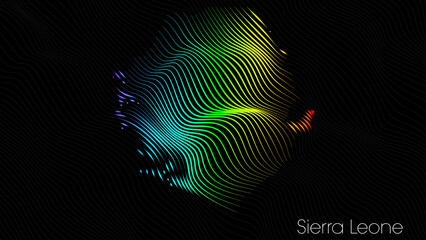 A map of Sierra Leone is presented in the form of colorful vertical lines against a dark background. The country's borders are depicted in the shape of a rainbow-colored diagram.