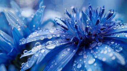 Water droplets cling to the petals of a blue cornflower in exquisite detail. 